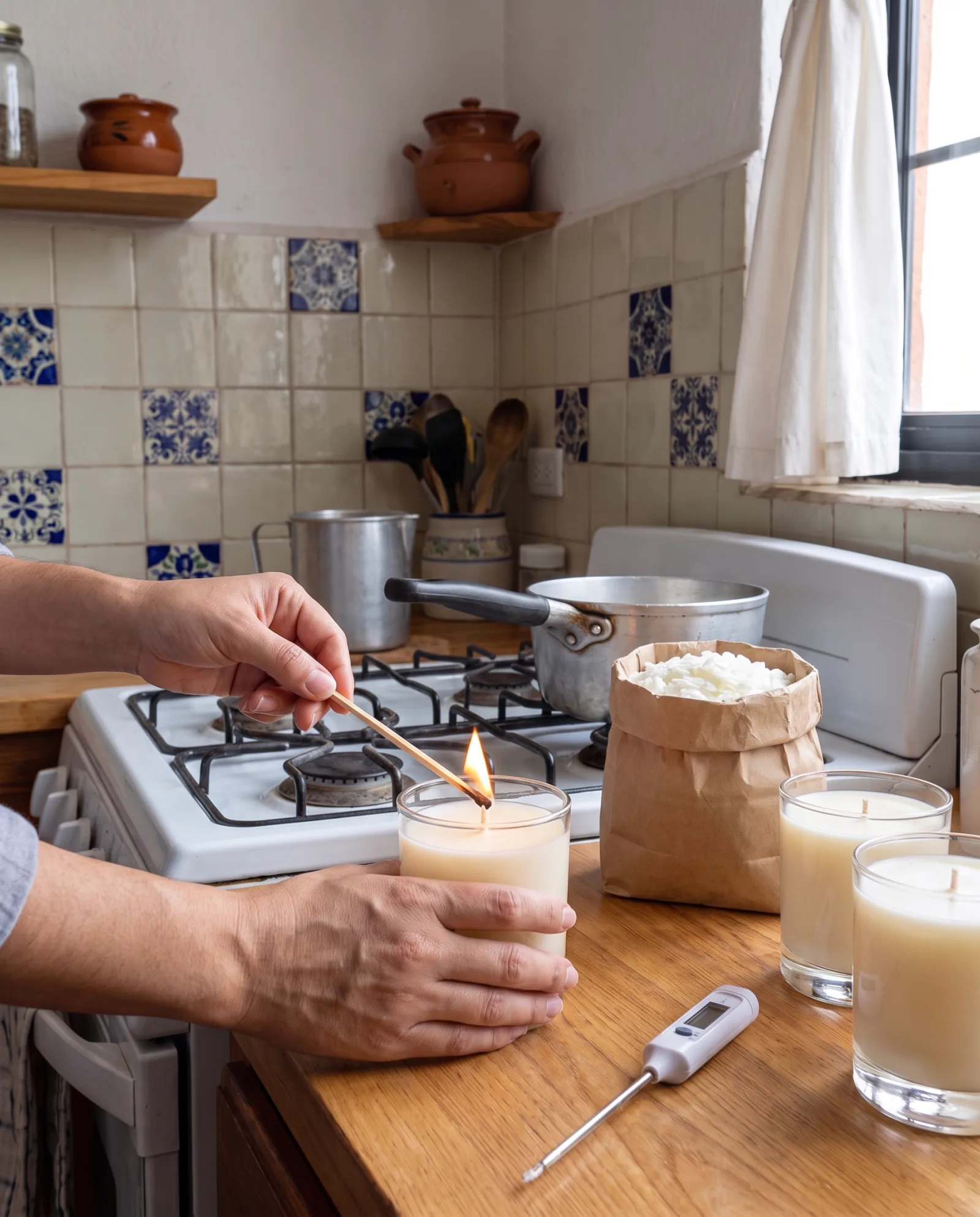 Manos que prenden una vela recién hecha, en la mesa de la cocina